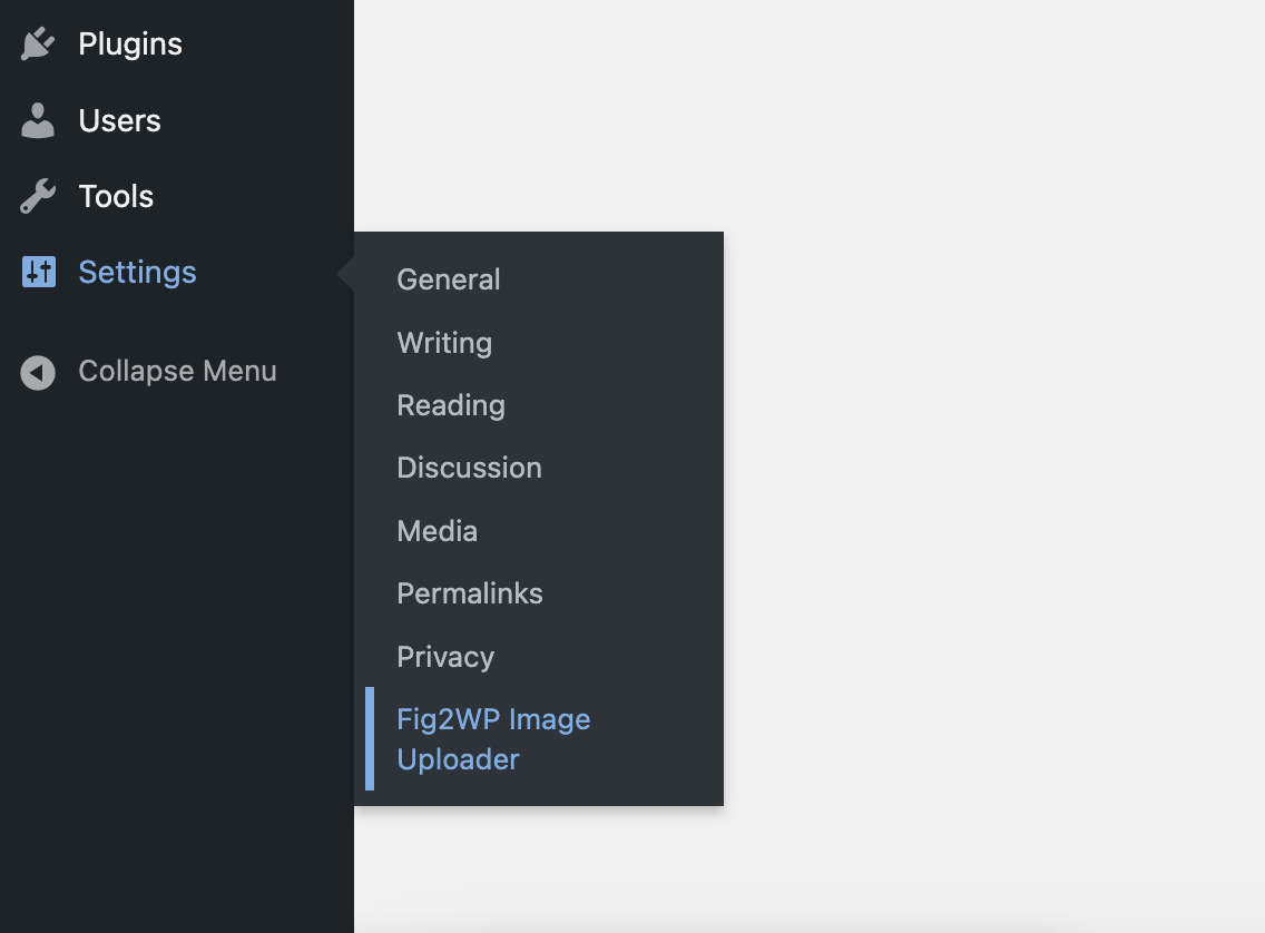 WordPress menu with Settings and Fig2WP Image Uploader